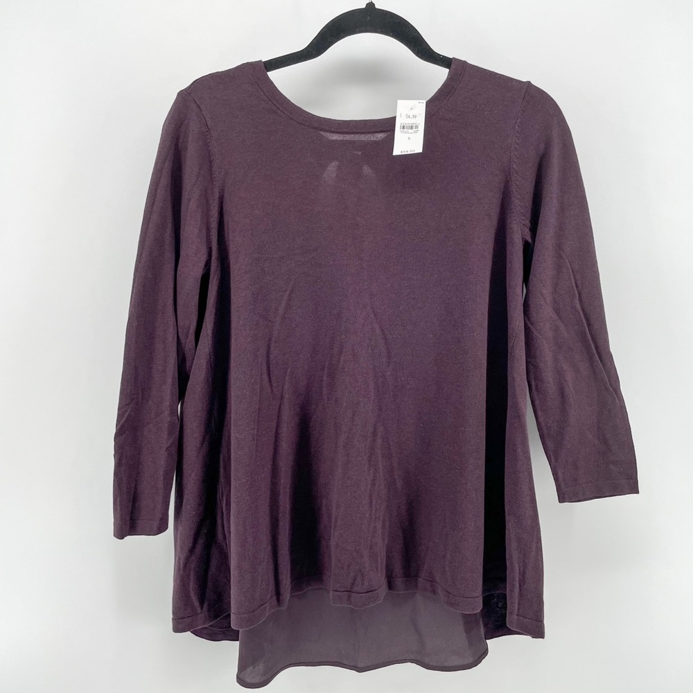 Loft Women’s Pullover Sweater Purple Plum Knit Sheer Tied Back S New